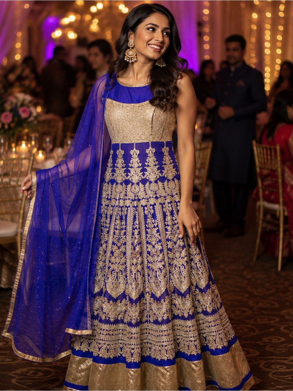 Royal Blue and Gold Embroidered Anarkali Dress XL
